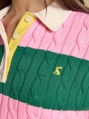 Joules Pink & Green Striped Cotton Cable Knitted Rugby Jumper - Image 5 of 8