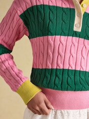 Joules Pink & Green Striped Cotton Cable Knitted Rugby Jumper - Image 6 of 8