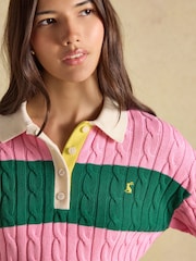 Joules Pink & Green Striped Cotton Cable Knitted Rugby Jumper - Image 7 of 8
