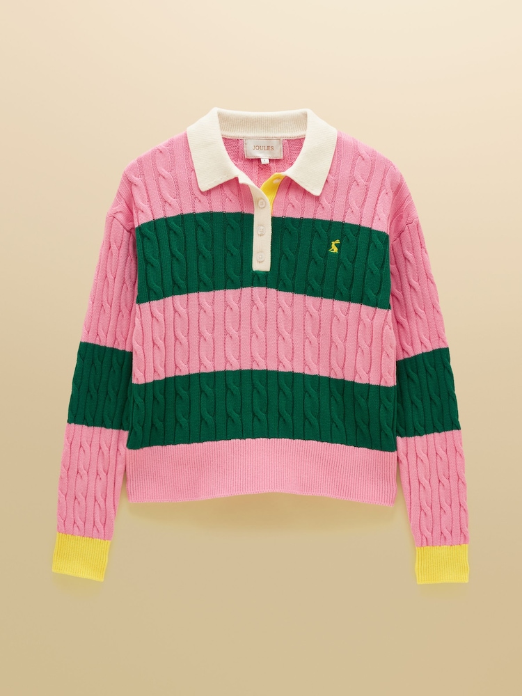 Joules Pink & Green Striped Cotton Cable Knitted Rugby Jumper - Image 8 of 8 Joules Pink & Green Striped Cotton Cable Knitted Rugby Jumper - Image 8 of 8