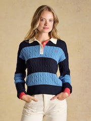 Joules Blue & Navy Striped Cotton Cable Knitted Rugby Jumper - Image 1 of 7