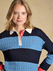 Joules Blue & Navy Striped Cotton Cable Knitted Rugby Jumper - Image 4 of 7