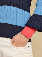 Joules Blue & Navy Striped Cotton Cable Knitted Rugby Jumper - Image 5 of 7