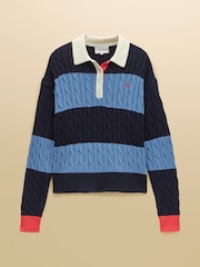 Joules Blue & Navy Striped Cotton Cable Knitted Rugby Jumper - Image 7 of 7