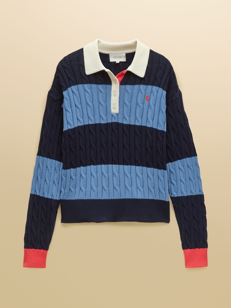 Joules Blue & Navy Striped Cotton Cable Knitted Rugby Jumper - Image 7 of 7 Joules Blue & Navy Striped Cotton Cable Knitted Rugby Jumper - Image 7 of 7