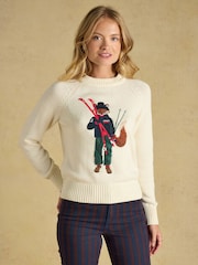 Joules Jonty Fox Skiing Cream Cotton Blend Crew Neck Knitted Jumper - Image 1 of 7