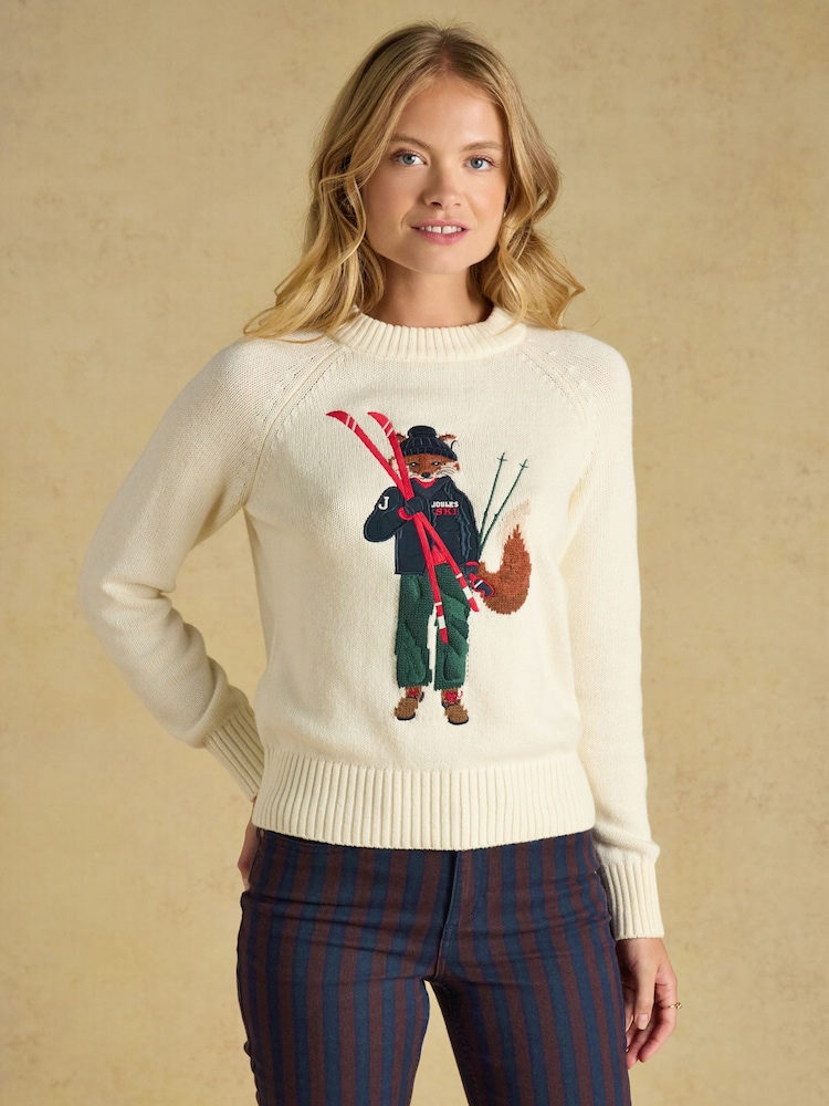Joules Jonty Fox Skiing Cream Cotton Blend Crew Neck Knitted Jumper - Image 1 of 7 Joules Jonty Fox Skiing Cream Cotton Blend Crew Neck Knitted Jumper - Image 1 of 7