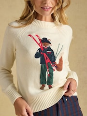 Joules Jonty Fox Skiing Cream Cotton Blend Crew Neck Knitted Jumper - Image 5 of 7