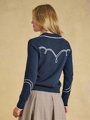 Western Navy Embroidered Cotton Blend Collared Knitted Jumper - Image 2 of 8