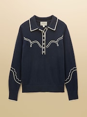 Western Navy Embroidered Cotton Blend Collared Knitted Jumper - Image 8 of 8