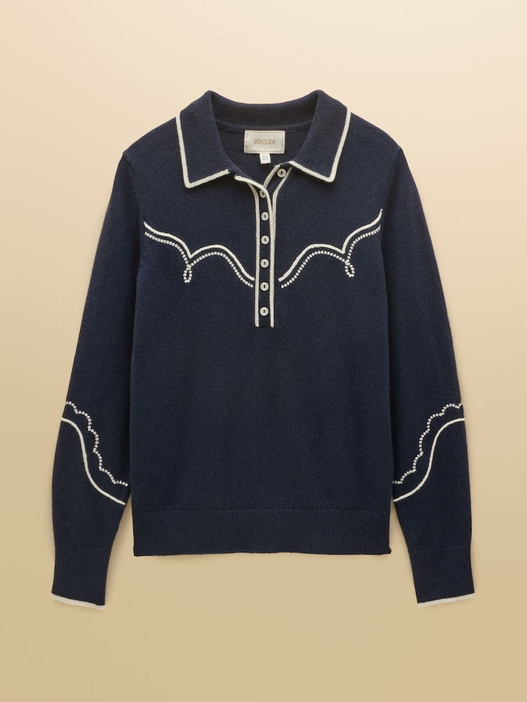 Western Navy Embroidered Cotton Blend Collared Knitted Jumper - Image 8 of 8