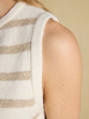 Joules Holly Cream & Oat Striped Button Through Knitted Vest - Image 5 of 6