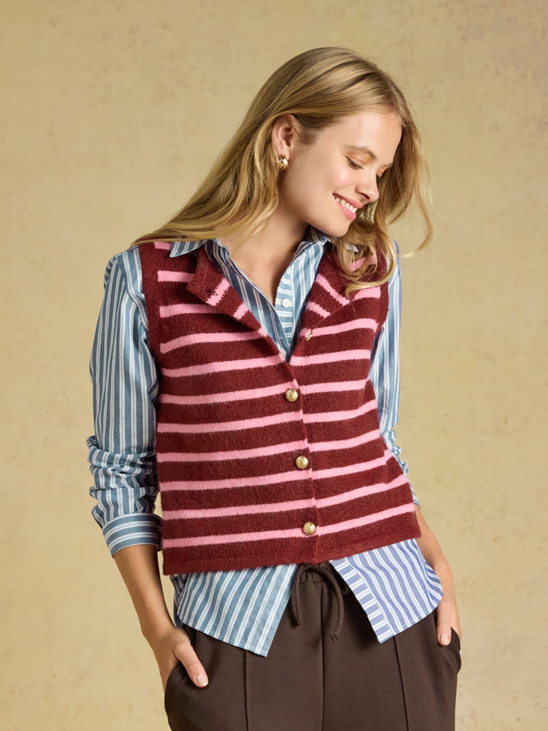 Joules Women's Pink & Burgundy Stripe Holly Button Through Knitted Vest - Image 1