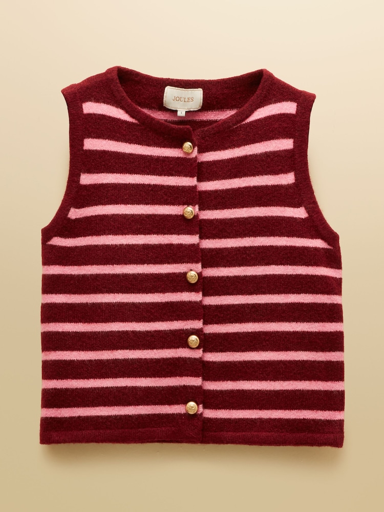 Joules Holly Pink & Burgundy Stripe Button Through Knitted Vest - Image 7 of 7