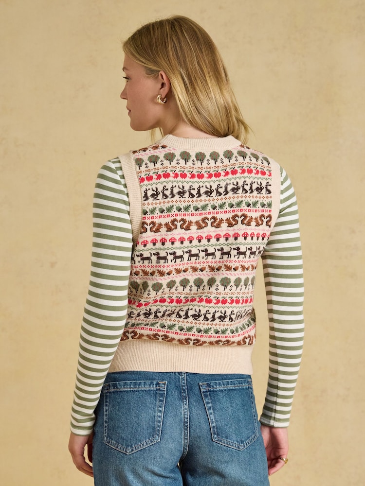 Orchard Pattern Oatmeal Cotton Blend Crew Neck Knitted Vest - Image 2 of 7