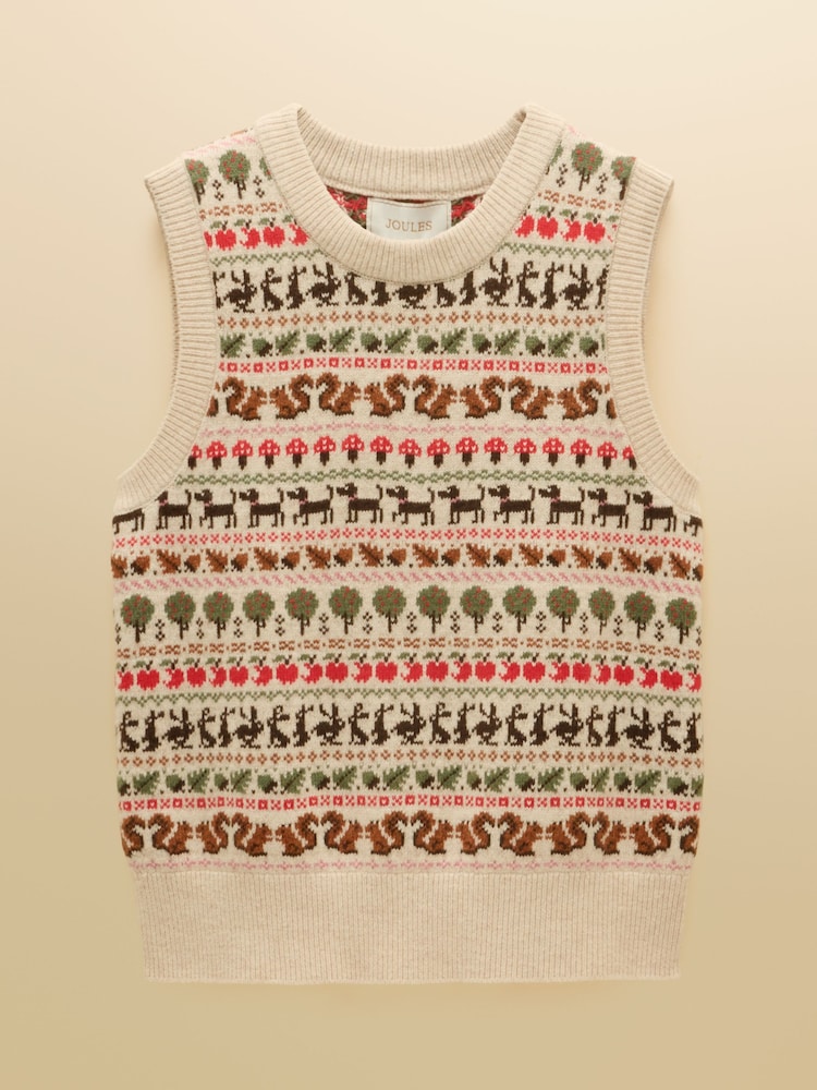 Orchard Pattern Oatmeal Cotton Blend Crew Neck Knitted Vest - Image 7 of 7