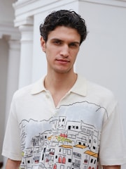 Ecru White Relaxed Fit Scenic Print Knitted Shirt - Image 1 of 8