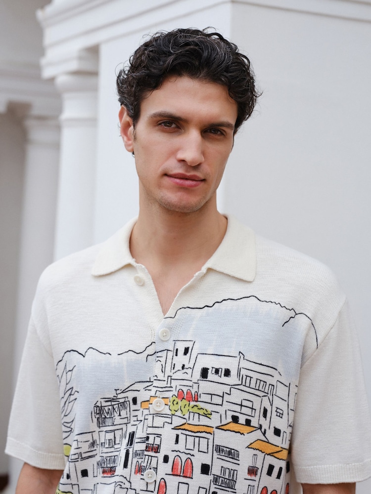 Ecru White Relaxed Fit Scenic Print Knitted Shirt - Image 1 of 8