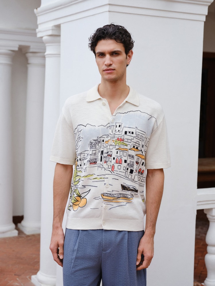 Ecru White Relaxed Fit Scenic Print Knitted Shirt - Image 2 of 8