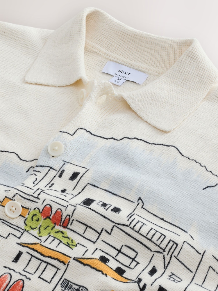 Ecru White Relaxed Fit Scenic Print Knitted Shirt - Image 8 of 8