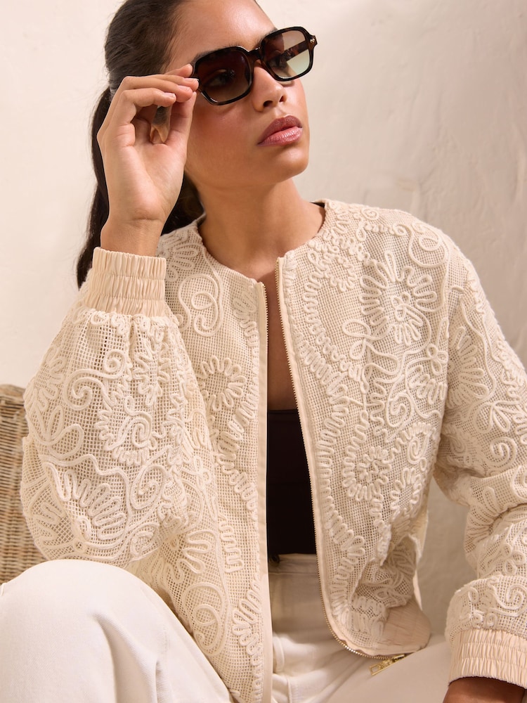 Friends Like These Cream Embroidered Cornelli Bomber Jacket - Image 1 of 5