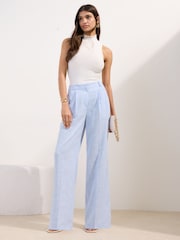 Friends Like These Blue Petite Linen Look Wide Leg Trousers - Image 1 of 5