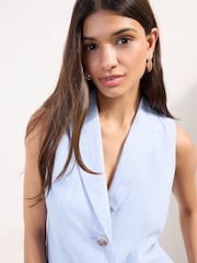 Friends Like These Blue Linen Look Longline Sleeveless Blazer - Image 3 of 5