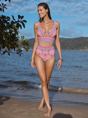 Love & Roses Coral Pink Woodblock Print Triangle Bikini Top - Image 3 of 4