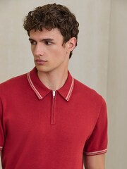Red Slim Fit N. Premium Tipped Short Sleeve Quarter Zip Knit Polo Shirt - Image 4 of 7