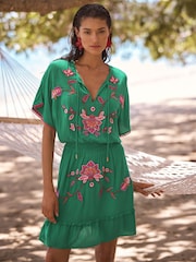 Love & Roses Bright Green Floral Embroidered Mini Kaftan Cover-Up - Image 1 of 4