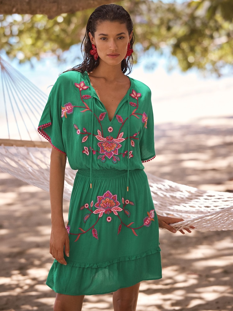 Love & Roses Bright Green Floral Embroidered Mini Kaftan Cover-Up - Image 1 of 4