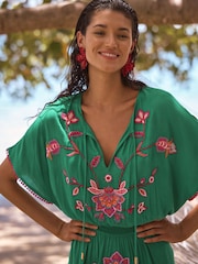 Love & Roses Bright Green Floral Embroidered Mini Kaftan Cover-Up - Image 2 of 4