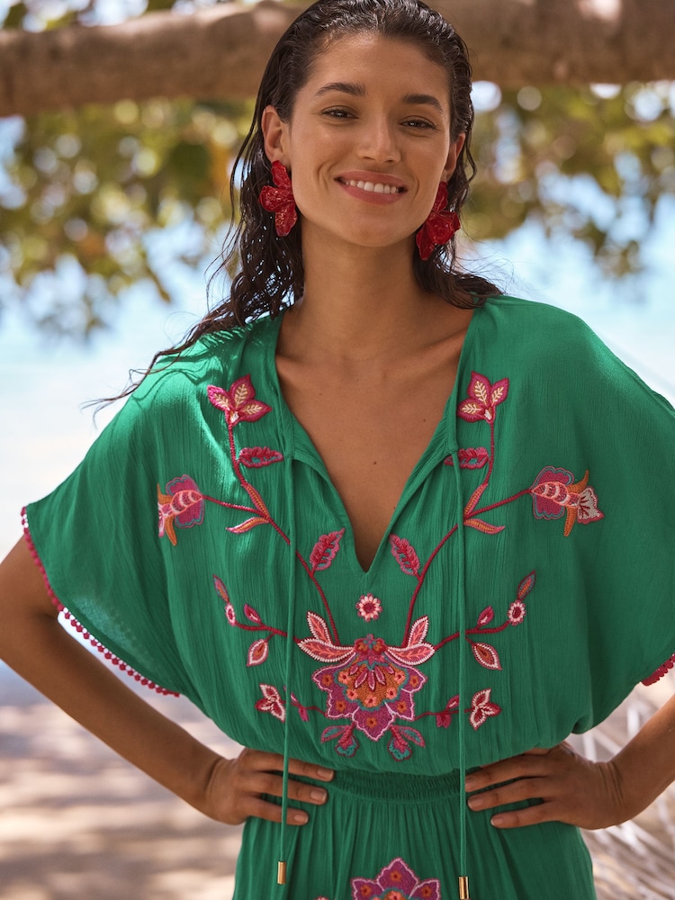 Love & Roses Bright Green Floral Embroidered Mini Kaftan Cover-Up - Image 2 of 4