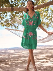 Love & Roses Bright Green Floral Embroidered Mini Kaftan Cover-Up - Image 3 of 4