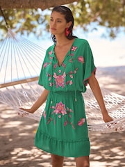 Love & Roses Bright Green Floral Embroidered Mini Kaftan Cover-Up - Image 4 of 4