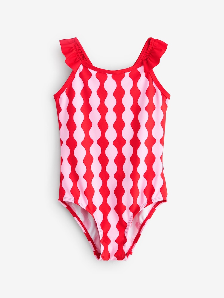 Eleanor Bowmer Red and Pink Frill Shoulder Wave Print Swimsuit - Image 1 of 5