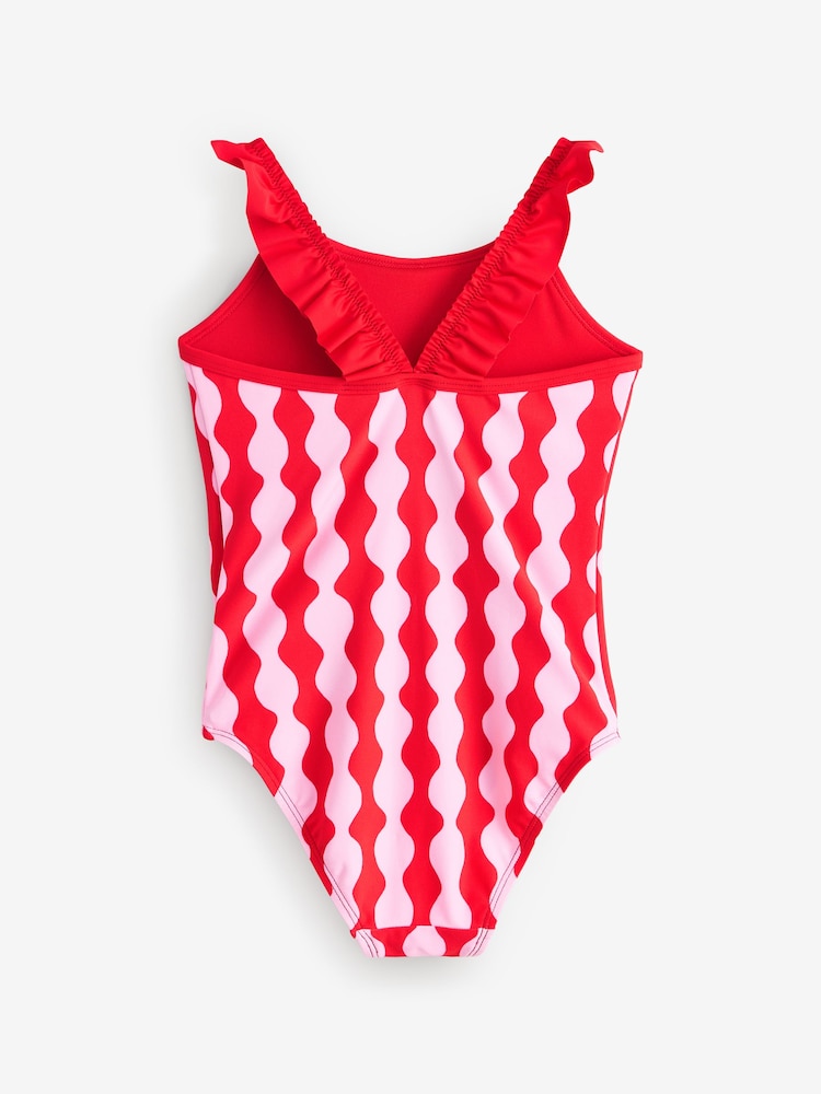 Eleanor Bowmer Red and Pink Frill Shoulder Wave Print Swimsuit - Image 2 of 5