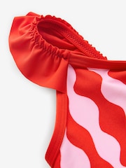 Eleanor Bowmer Red and Pink Frill Shoulder Wave Print Swimsuit - Image 4 of 5