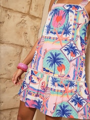 Love & Roses Pink Palm Print Drop Hem Mini Kaftan - Image 4 of 4