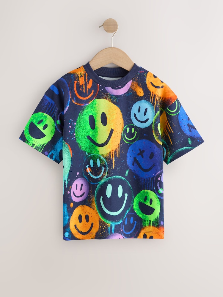 Темно-синий/разноцветный - Футболка свободного кроя с короткими рукавами и принтом (3-16лет) - Изображение 1 4