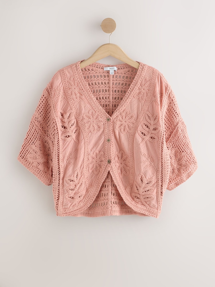 Apricot Short Sleeve Crochet Cover-Up - Image 1 of 3