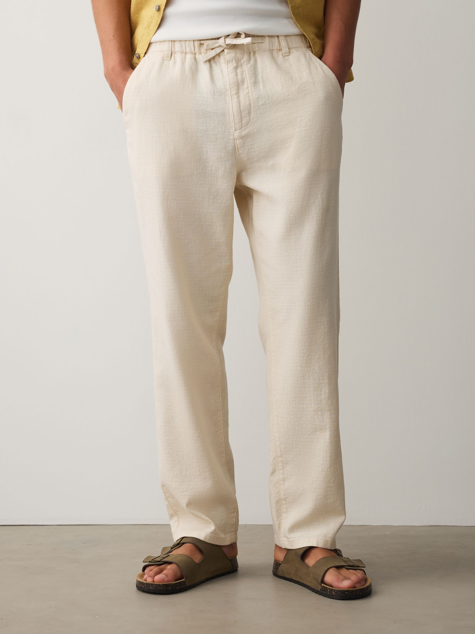 Buy Ecru Regular Tapered Fit Linen Rich Blend Textured Trousers