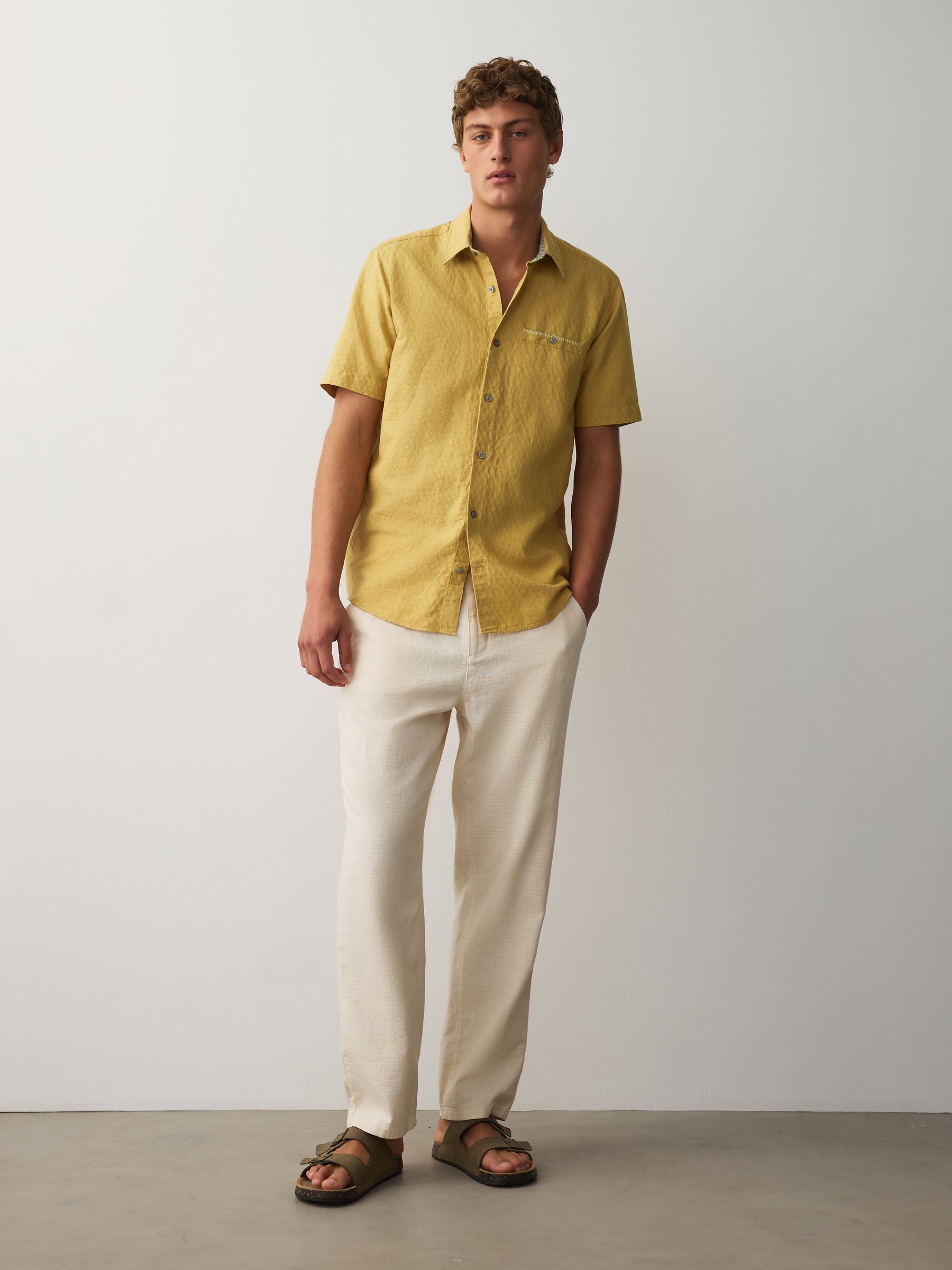 Buy Ecru Regular Tapered Fit Linen Rich Blend Textured Trousers