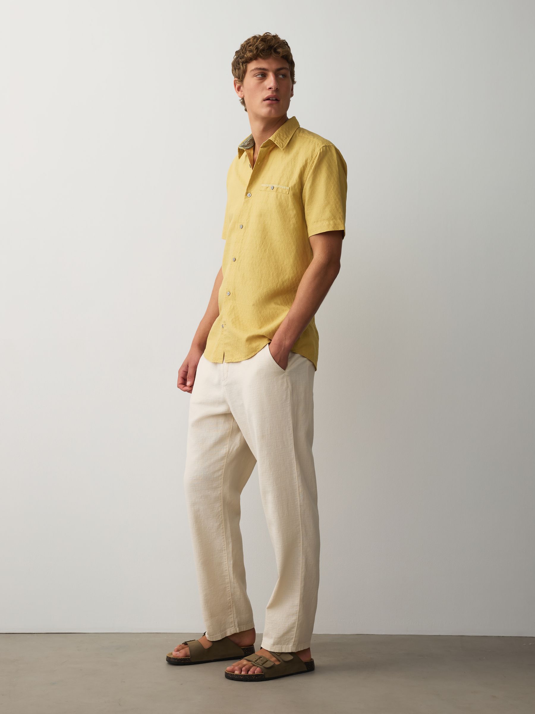 Buy Ecru Regular Tapered Fit Linen Rich Blend Textured Trousers