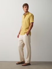 Ecru Regular Tapered Fit Linen Rich Blend Textured Trousers With Elasticated Waist - Image 3 of 9
