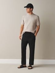 Black Regular Tapered Fit Linen Rich Blend Textured Trousers With Elasticated Waist - Image 1 of 9