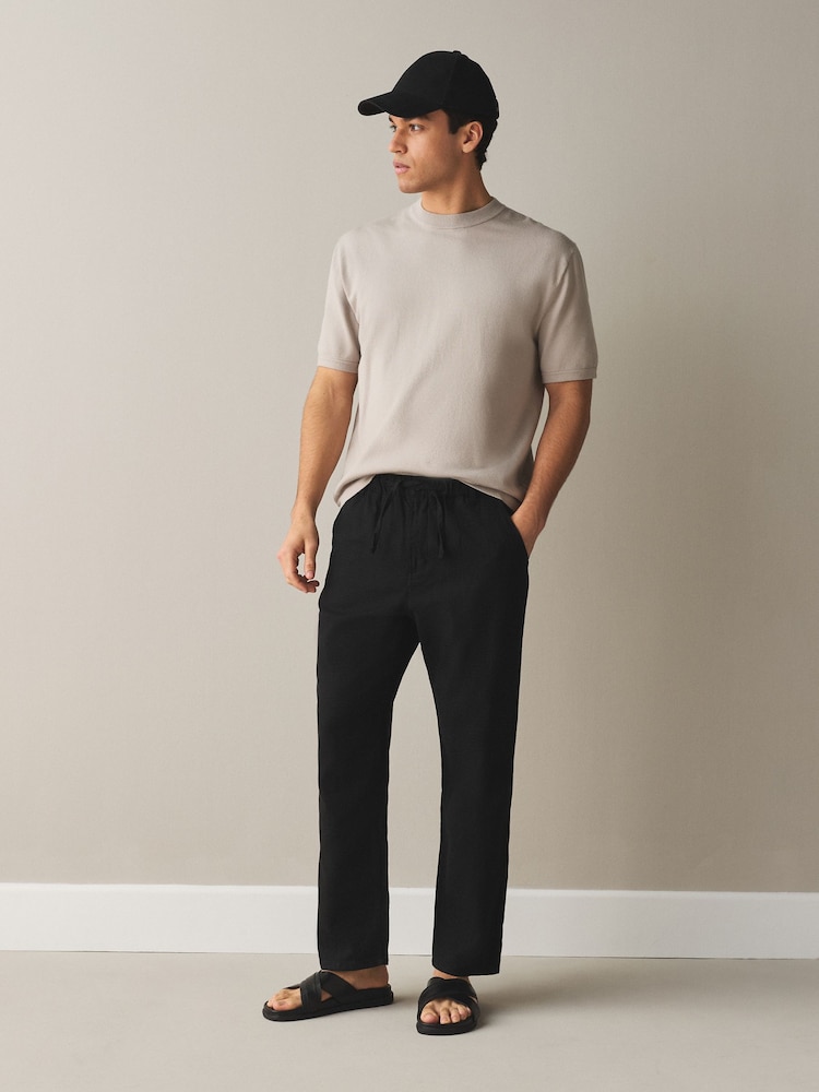 Black Regular Tapered Fit Linen Rich Blend Textured Trousers With Elasticated Waist - Image 1 of 9