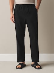 Black Regular Tapered Fit Linen Rich Blend Textured Trousers With Elasticated Waist - Image 2 of 9
