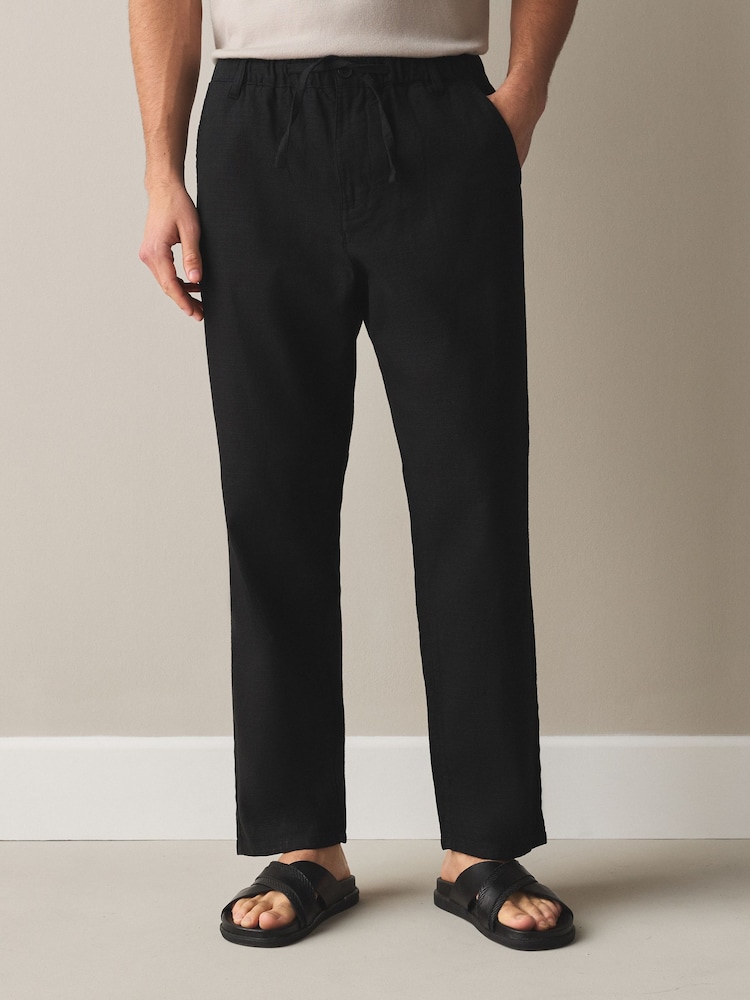 Black Regular Tapered Fit Linen Rich Blend Textured Trousers With Elasticated Waist - Image 2 of 9