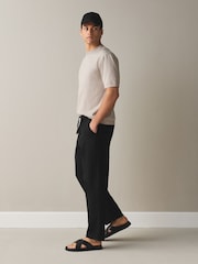Black Regular Tapered Fit Linen Rich Blend Textured Trousers With Elasticated Waist - Image 3 of 9